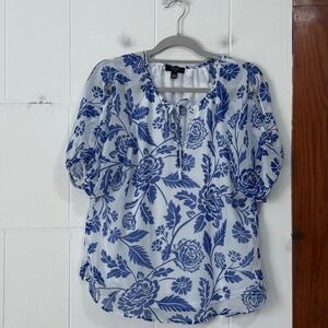 HAVER London Blue White Floral Cold Shoulder Tie Neck Chiffon Blouse Small